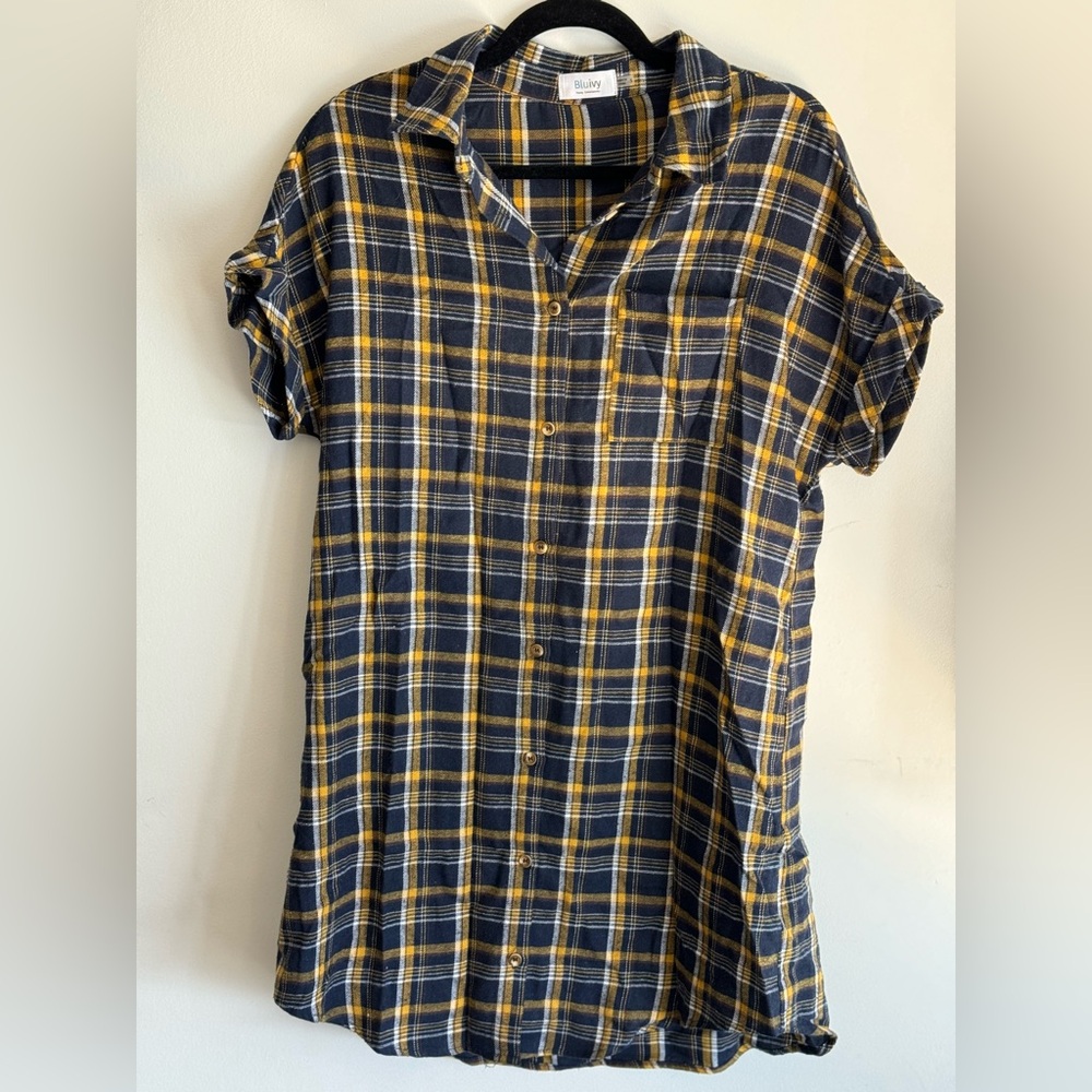 Plaid Button-Up Shirt Dress Yellow Blue and White